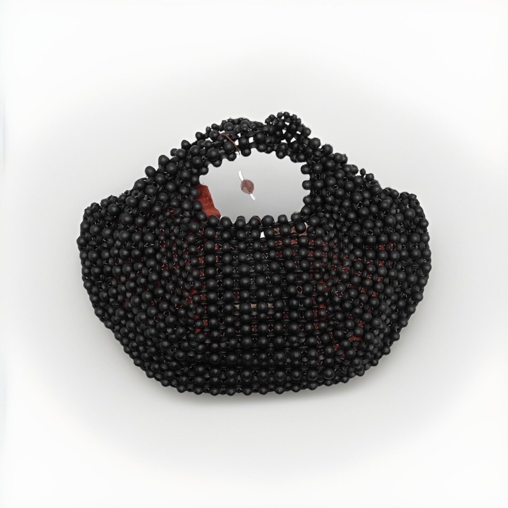 Aranaz Lagrima Wood Beaded Tote Hand Bag‎ Black Handmade Art NWT $270msrp